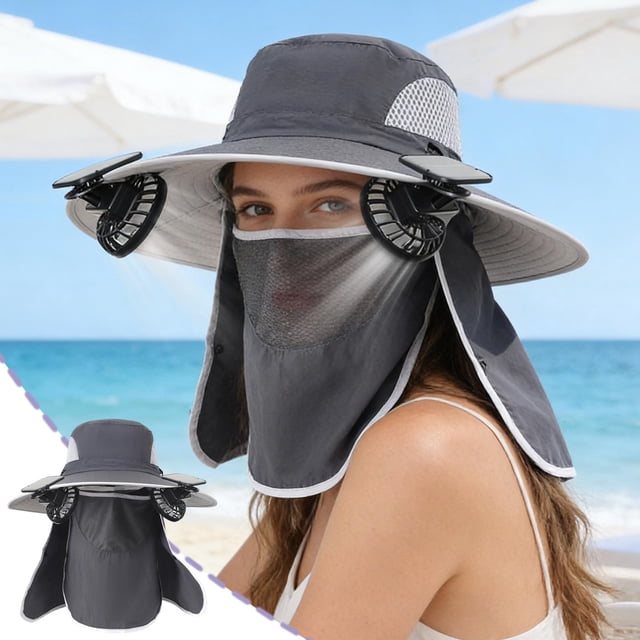 Outdoor Coolings Sun Hat With Solar Fan Breathable Mesh Neck Face Cover For Hiking Fishing Gardening