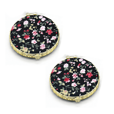 DESIGNICE 2 Pcs Compact Mirror Retro Mini Makeup Mirror with Printed Cloth Flower Double-Sided Pocket Mirror for Girls Women Black