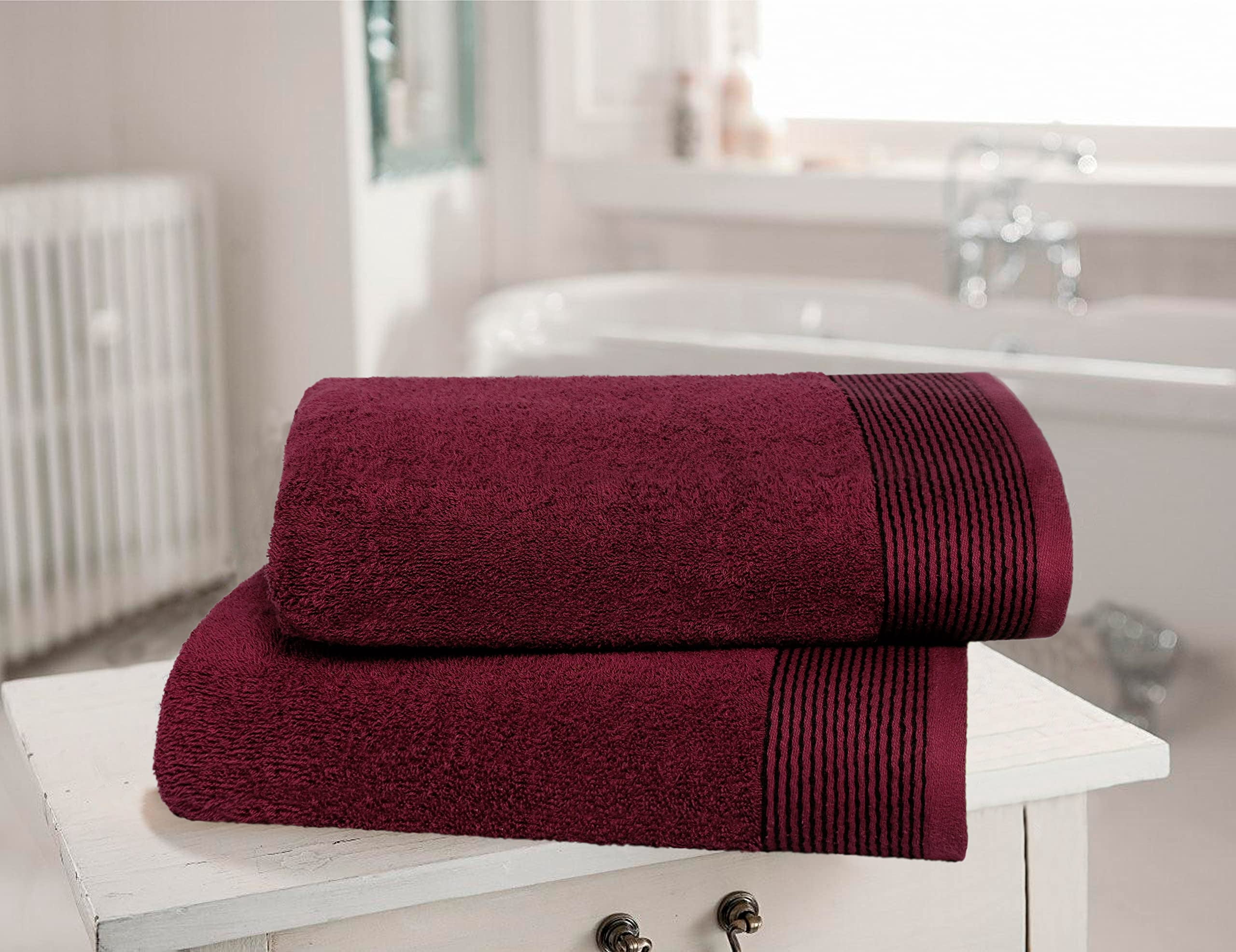 GLAMBURG Ultra Soft Oversized 2 Pack Bath Towel Set 28x55 inches, 100% Cotton Large Bath Towels, Highly Absorbant Compact Quickdry & Lightweight Towel, Ideal for Gym Travel Camp Pool - Burgundy