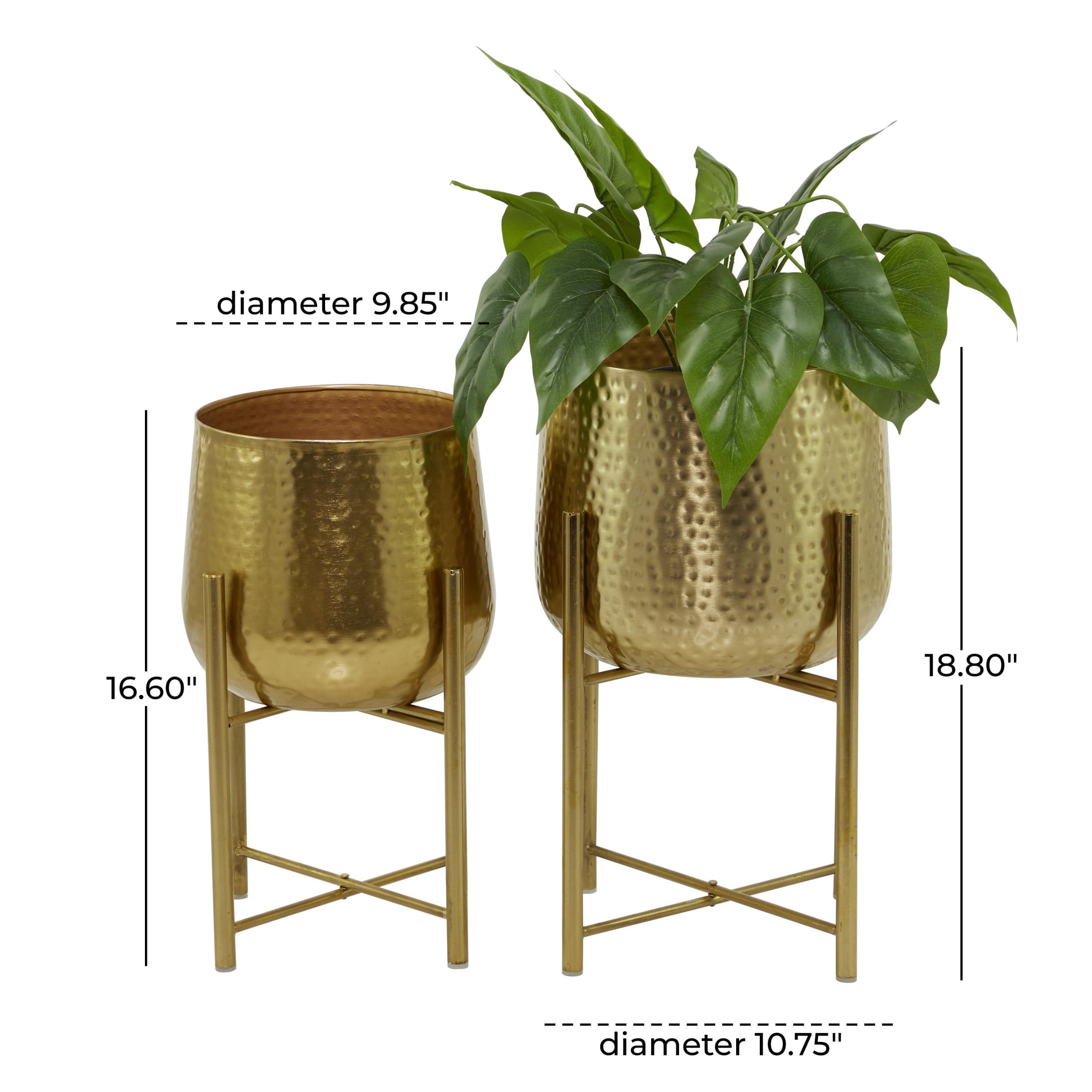 CosmoLiving by Cosmopolitan 17", 19"H Deep Recessed Hammered Dome Gold Metal Planter with Removable Stand (2 Count)