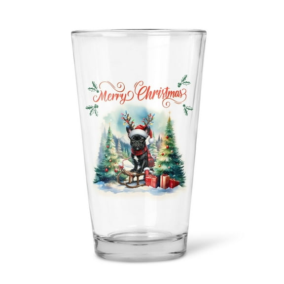 Merry Christmas Santa Reindeer Antlers French Bulldog Sleigh Xmas Winter Holiday 16oz Pint Beer Glass Mug Dog Lover Gifts Beer Glasses Cup - 00023