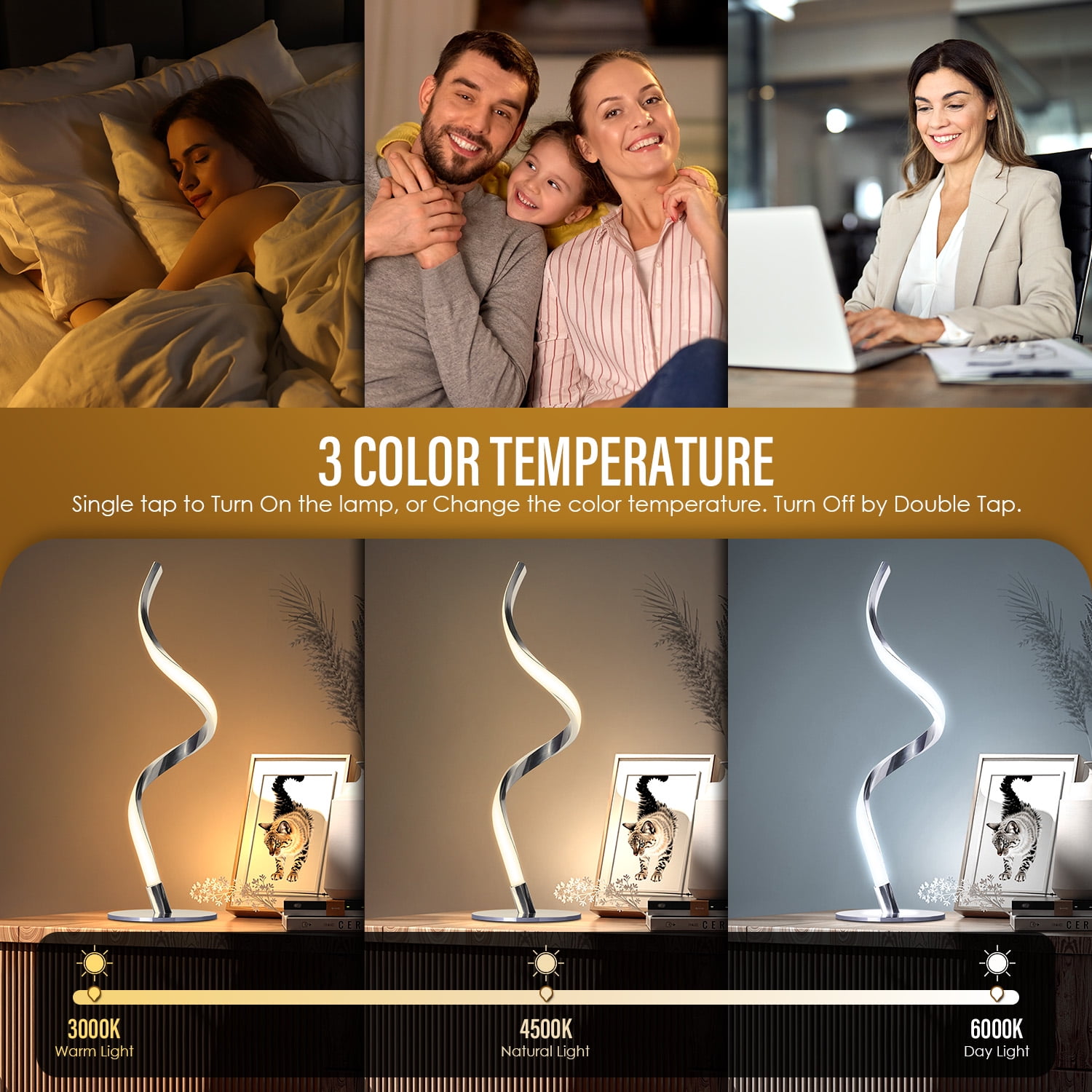 Modern Spiral Table Lamp -Touch Control Bedside Lamp, 3 Colors & Fully Stepless Dimmable Nightstand Lamps for Bedroom, Living Room & Office(3000K 4000K 5000K)