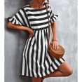 thumbnail image 3 of Vestido a rayas Moda casual Una línea Volantes Manga corta Estampado a rayas Vestido a media pierna fluido informal Negro L, 3 of 6