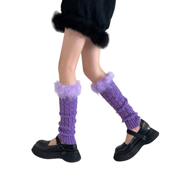 Calentadores de piernas informales para mujer, calcetines de pantorrilla con retales de felpa peluda Harajuku