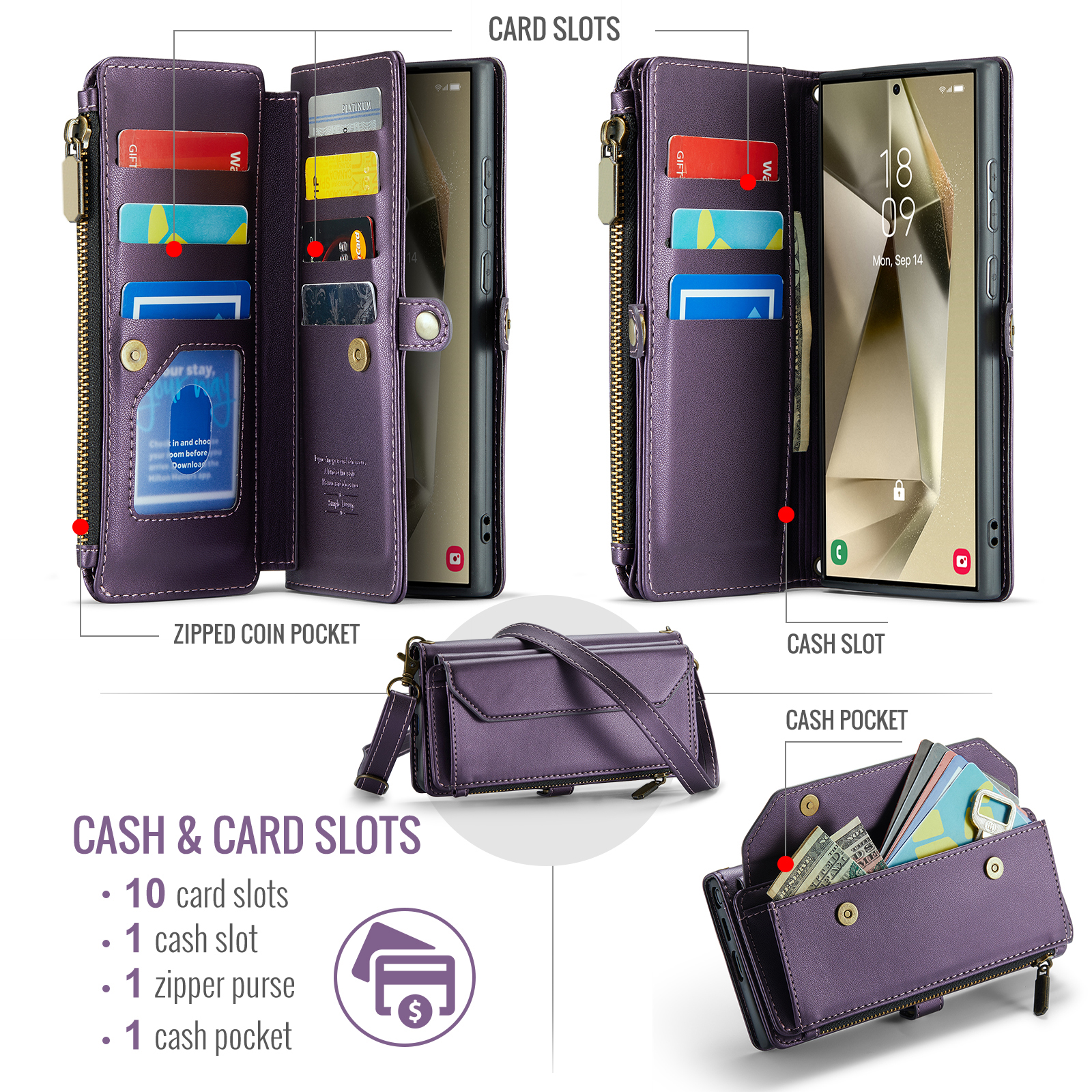 Compatible with Samsung Galaxy S24 Ultra 5G Zipper Wallet Phone Case Tempered Glass Screen Protector Crossbody Lanyard Strap Flip Card Holder Slot Cell Cover for S24Ultra 24S S24 24Ultra Women Purple