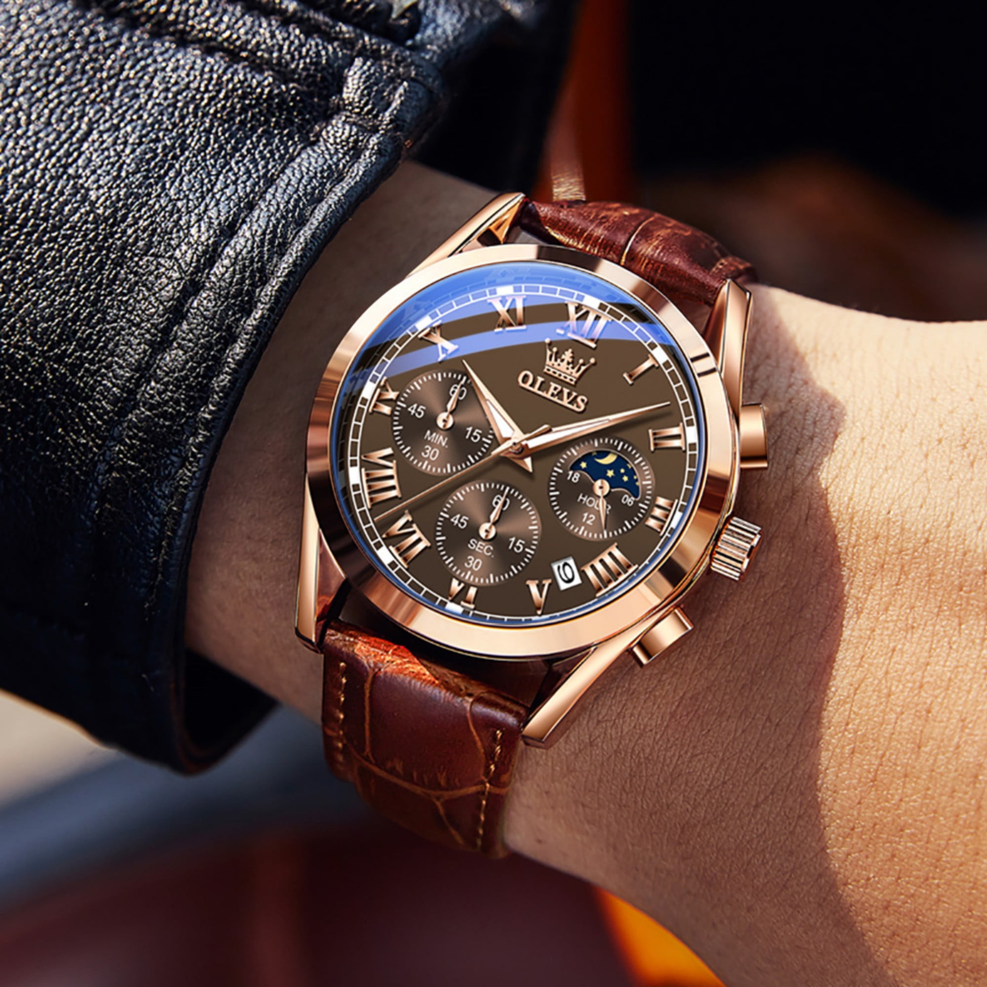 OLEVS Chronograph Watches for Men Luxury Classic Business Sports Mens Watches Moon Phase Waterproof Luminous Analog Quartz Leather Strap Reloj, Gifts for Men