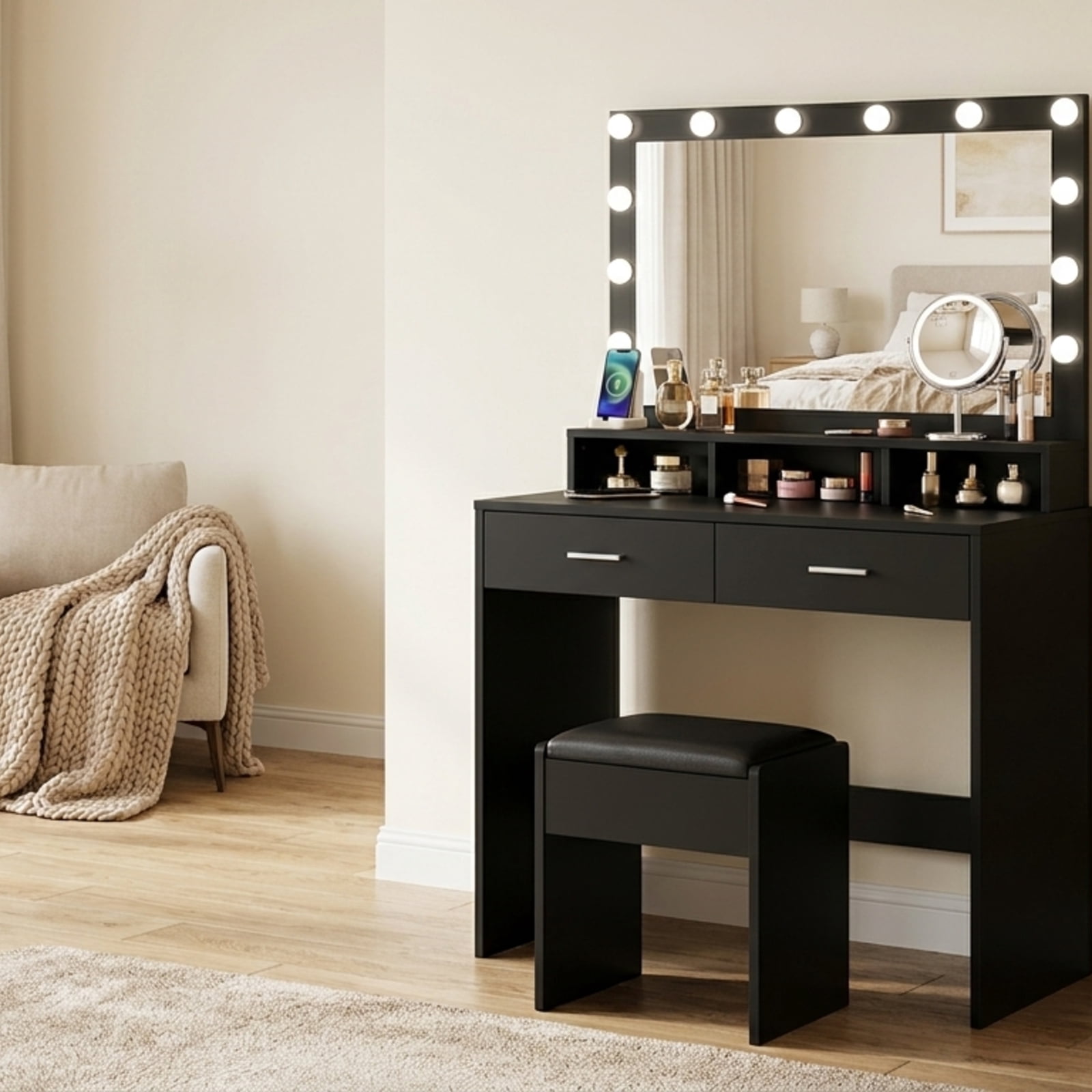 Furnibear Makeup Vanity Set with Lighted Mirror and 3 Color Modes and Cushioned Stool and Power Outlet for Bedroom, Black