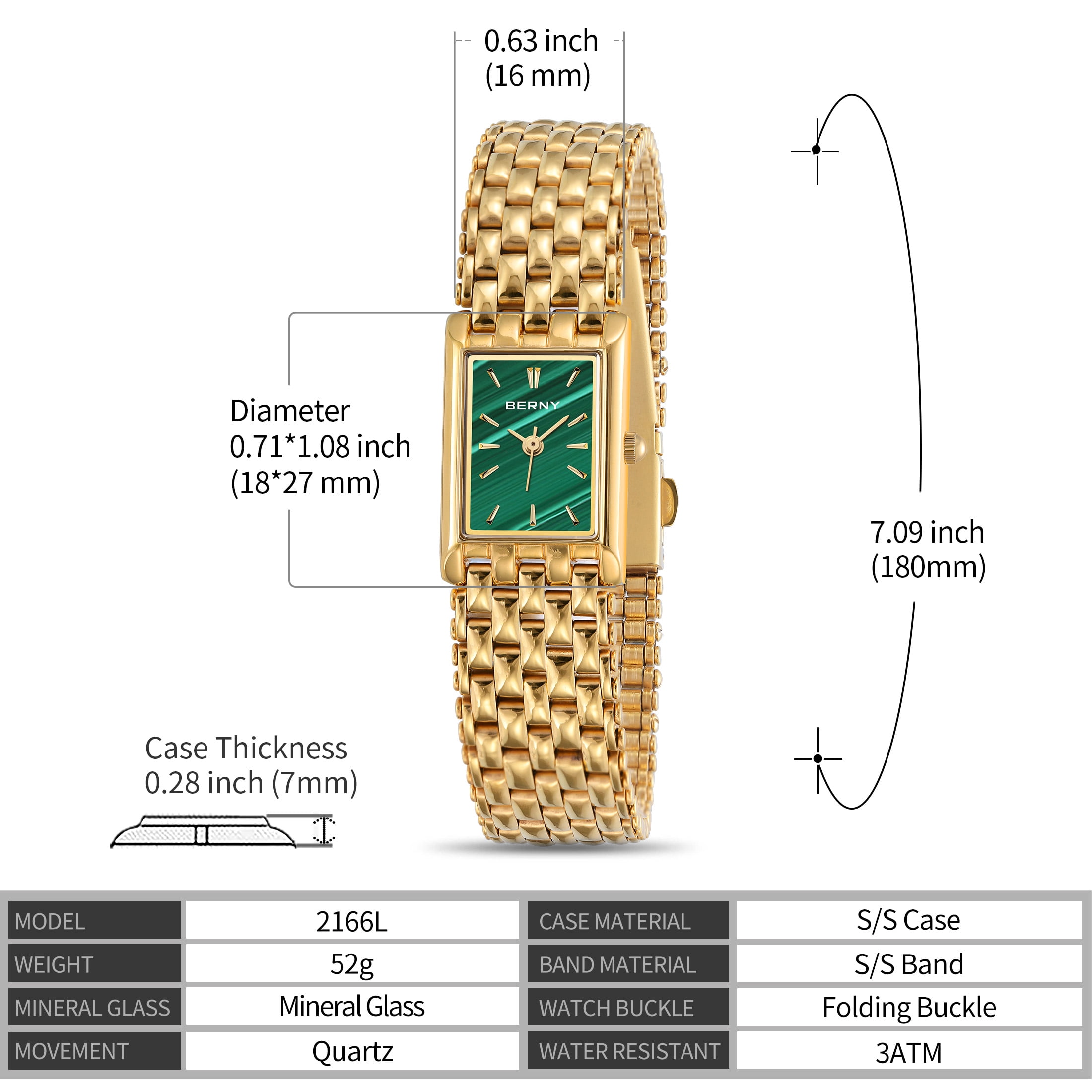 BERNY Small Gold Watches for Women, Women's Gold Rectangular Quartz Watch, Stainless Steel Bracelet, Waterproof Watch Mother's Day Gift for Women (Green)
