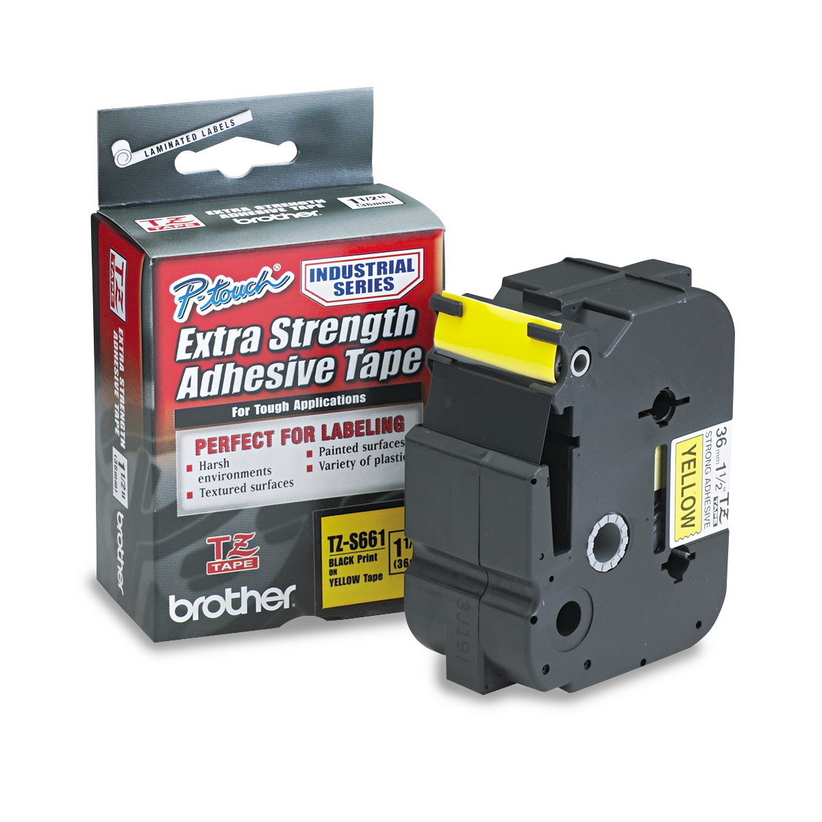 Brother PTouch TZ ExtraStrength Adhesive Laminated Labeling Tape, 11/2"w, Black on Yellow