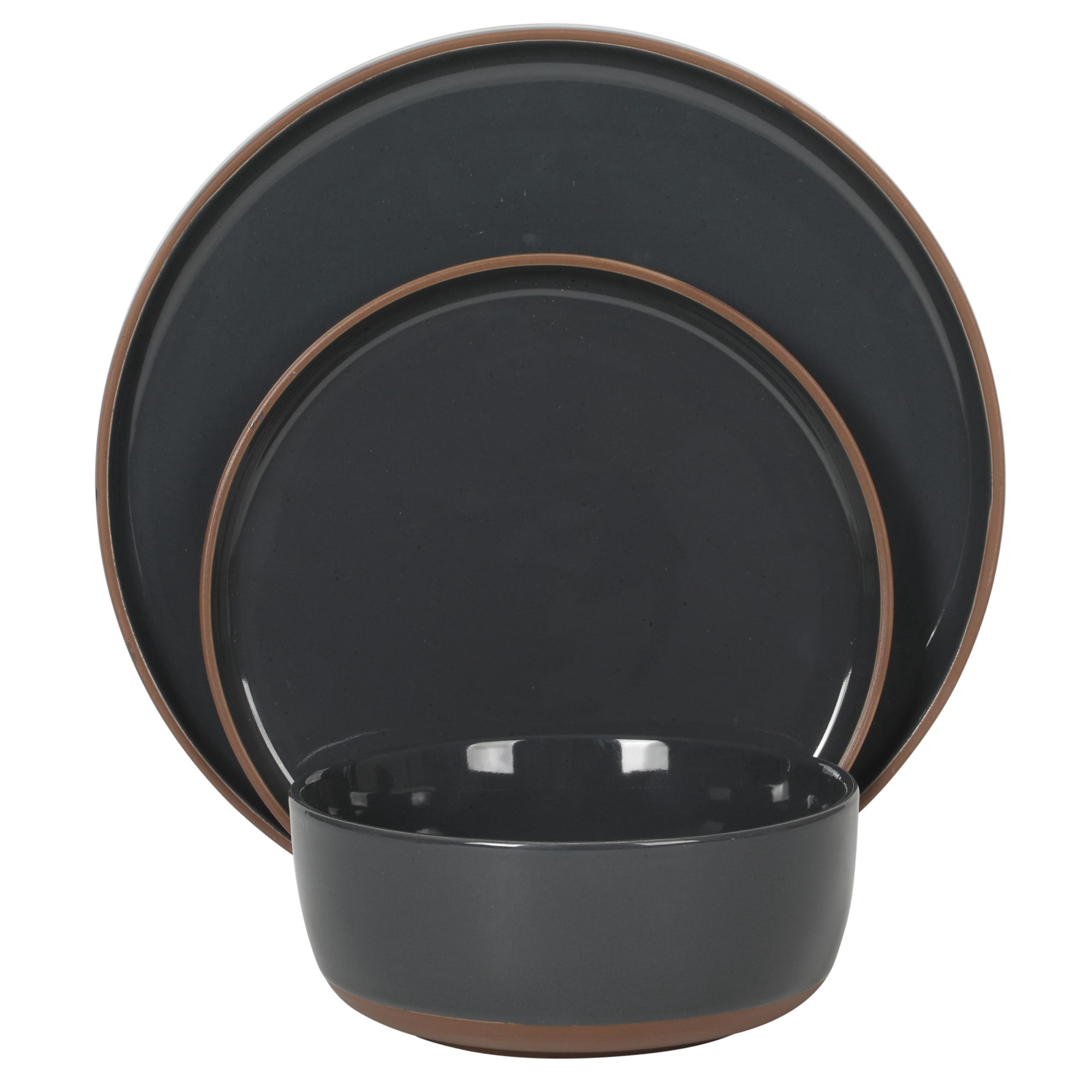 Gibson Elite Northrock Stoneware Dinnerware Set, 16-Piece Service for 4 Plates and Bowls Set – Charcoal Blue Dishes with Hand-Painted Terracotta Base