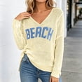 thumbnail image 2 of Womens Summer Outfits Beach Cover Up Letter Print Long Sleeve Sweater Sweatshirts V Neck Split Hem Crochet Jumper Top Lightweight Knit Pullover White, 2 of 7