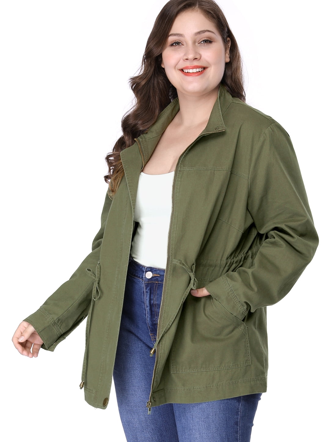 DARING DIVA Women's Plus Size Drawstring Waist Zip-up Utility Jacket 6X Army Green