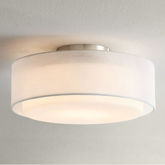 Possini Euro Design Modern Ceiling Light Flush Mount Fixture 12 1/2" Wide Satin Nickel 2-Light Sheer White Fabric Opal Glass Drum Shade for Bedroom