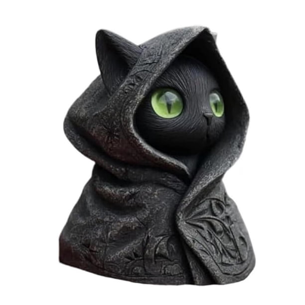 Figura de gato gótico con capucha, adorno coleccionable, estatua decorativa creativa de resina Ojos verdes