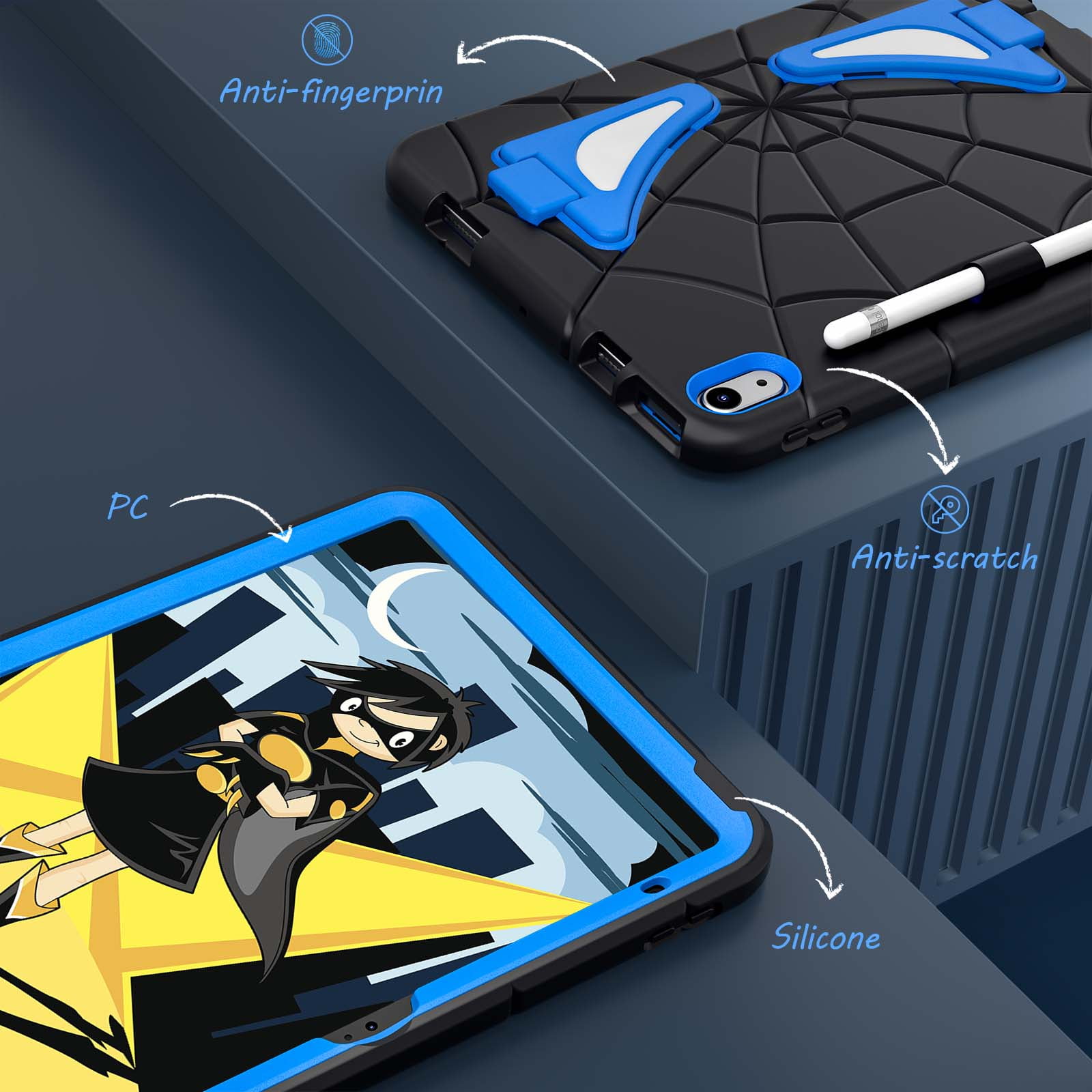 Dteck iPad 10th Generation Case iPad 10.9 Case 2022 New iPad 10th Gen Case for Kids 10.9 Inch Shockproof Protective Cover with Pencil Holder & Shoulder Strap & Kickstand for Kids Children,Black + Blue