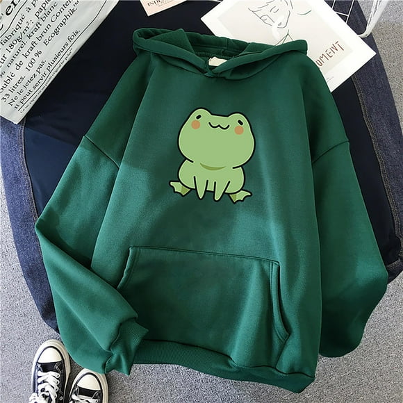 LMKIHUSA Women's Graphic Hoodies Casual Winter Pullover Sweatshirts Long Sleeve Drawstring Frog Print Tops with Pockets Army Green,S