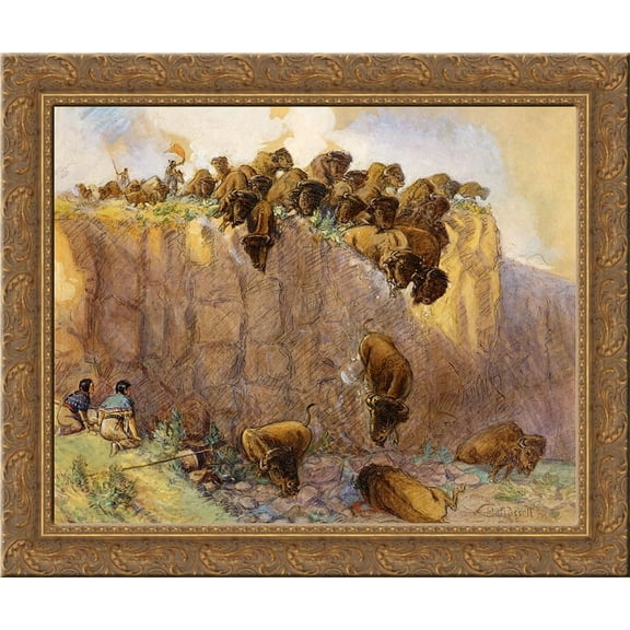 Driving Buffalo Over the Cliff 24x20 Gold Ornate Wood Framed Canvas Art by Charles M. Russell