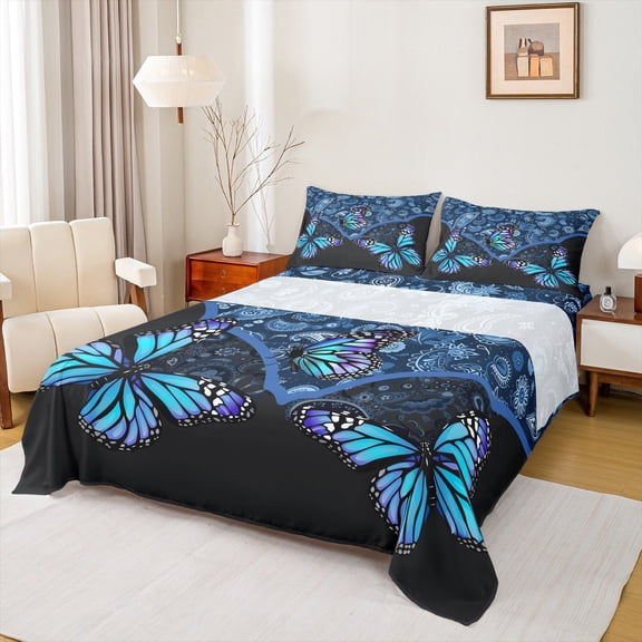 Feelyou Dreamy Blue Butterfly Twin Sheet Sets, Western Bohemian Paisley Twin Fitted Sheet, Vintage Damask Flower Flat Sheet, Breathable Home Decor, 3-Piece