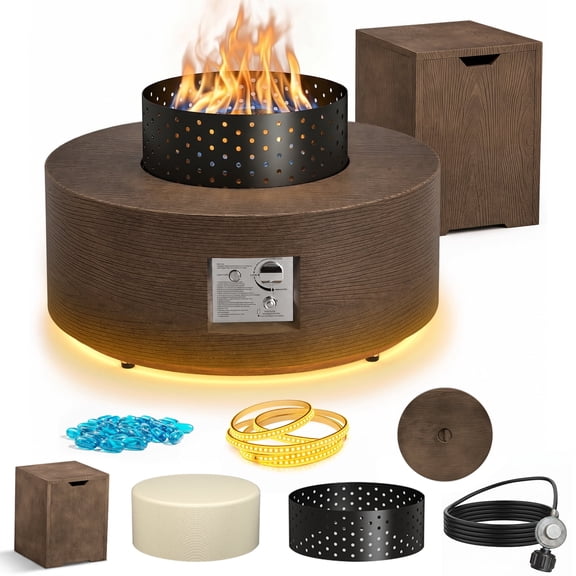 Vornel 30" 50,000 BTU Round Propane Fire Pit Table with Warm LED Light, Brown Wood Grain Outdoor Patio Gas Firepit