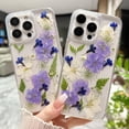 thumbnail image 2 of for iPhone 16 Pro Clear Case with Pressed Real Flower Design, Glitter Cute Purple Floral Green Leaf Pattern Slim Soft TPU Protective Women Girly Phone Cover for iPhone 16 Pro 6.3 inch, Purple, 2 of 16