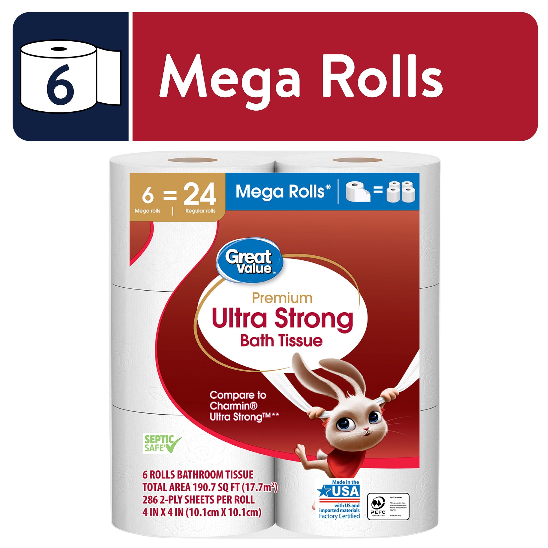 Great Value Ultra Strong Toilet Paper, 6 Mega Rolls