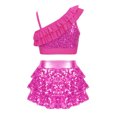 thumbnail image 2 of TiaoBug Girls Sequins Hip Hop Jazz Dance Costume One Shoulder Crop Top with Tiered Skirt Latin Dancewear Hot Pink-A 6, 2 of 5