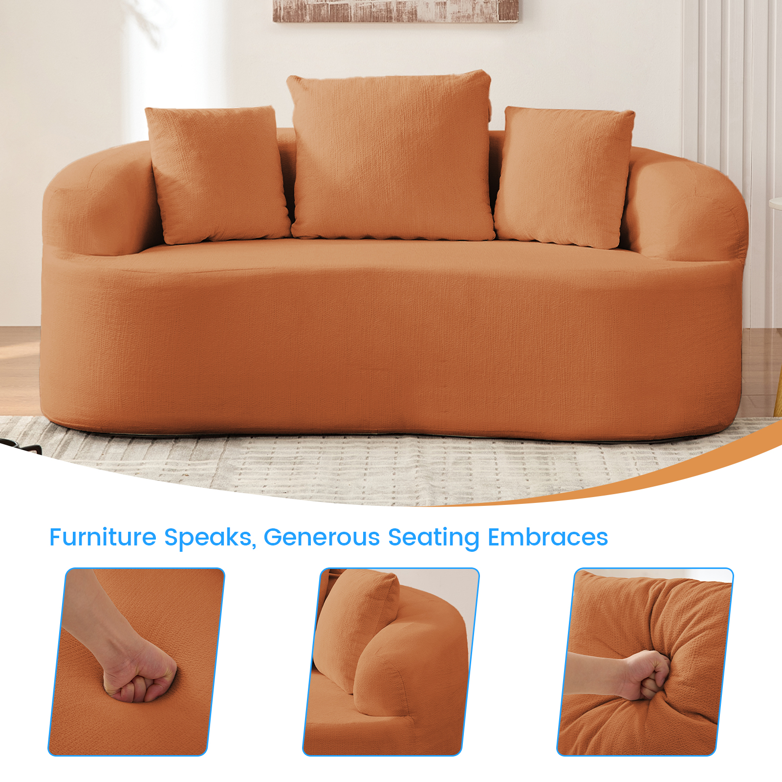 ZAFLY 67” Cloud Comfy Sofa, Deep Seat Loveseat for Living Room, Chenille 2 Seater Cloud Couch, No Assembly Required - Orange