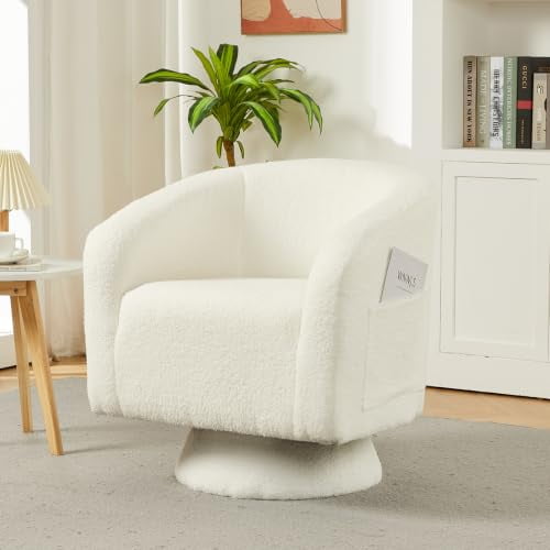 Swivel Accent Chair with Engineered Wood Base Swivel Barrel Chair，360 Degree Comfy Boucle Armchair for Living Room Bedroom Reading Nook with Side Large Pocket
