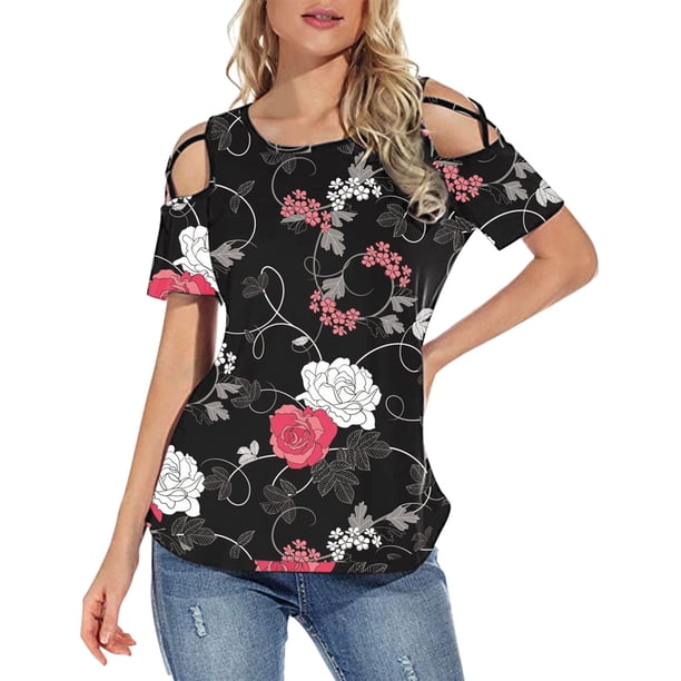 Gibobby Blusa de Trabajo de Manga Corta Blusa mujer Tops Camiseta con estilo fiesta con cuello en O(Negro,XL)