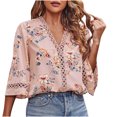 thumbnail image 1 of Moda mujer verano Casual cuello en V manga corta estampado encaje costura Tops pulóver blusa Pompotops  hkajfhjk470020, 1 of 6