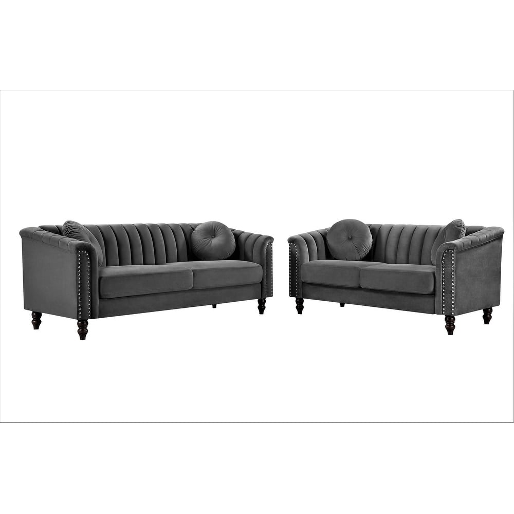 Uspridefurniture Living Room Set Classic Tufted Velvet Nailhead Trim, Grey