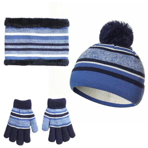 Buytoshop 3Pcs Winter Kids Knitted Hat Scarf Gloves, Boys Girls Winter Warm Beanie Hat and Glove Scarf Set, for 4-7-Year-Old Kids,Blue