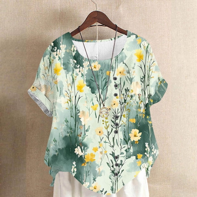 YFNNUP Chemises Grande Taille pour Femmes Imprimé T-Shirt à Manches Courtes Coupe Ample Col Rond Hauts Été Floral Graphique Plage Vacances Haut Vert m