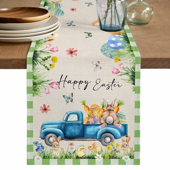 Table Runner 48 Inches Long for Kitchen Dining, Green Plaid Easter Dresser Scarf Farmhouse, Dining Table Decorations for Wedding/Parties, Blue Truck Spring Floral Bunny Rustic 13 x 48 In