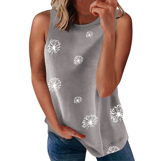 Gibobby Tops Fit Tank Neck Sin mangas Slim Round Casual Mujer Pullover Impreso Blusa de mujer(Gris,XG)