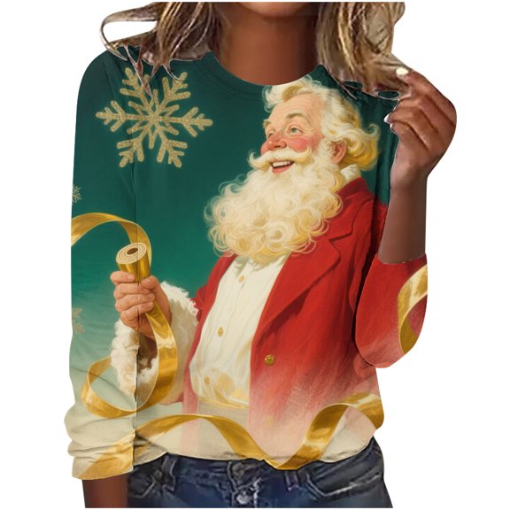 Uootdi Vintage Christmas Long Sleeve Gift Sweatshirts for Women Funny Cute Santa Claus Shirts Xmas Tree Printed Holiday Pullove r