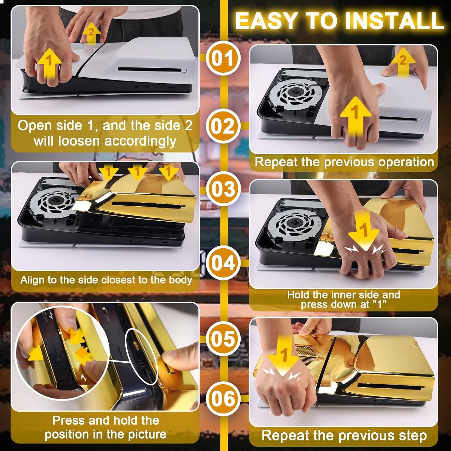 Console Cover Plates Accessories Compatible with PS5 Slim Disc Edition, Dustproof Protective Skin Faceplate Shell Panels with Cooling Vents-Gold
