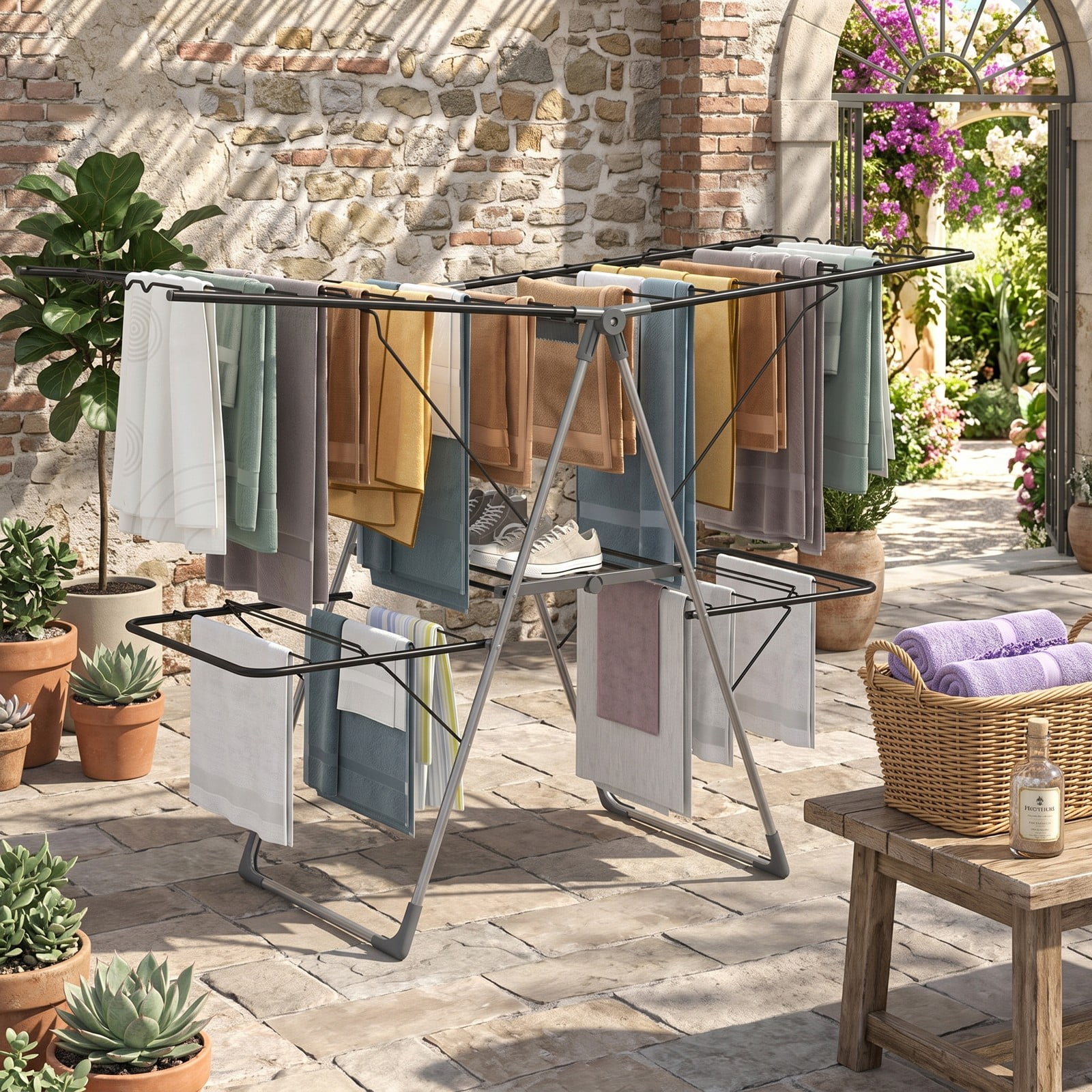 ALPULON 2-Tier Clothes Drying Rack with 33 Drying Rails, Height Adjustable Gullwing Laundry Drying Stand, Foldable Stainless Steel Garment Airer for, Silver & Gray