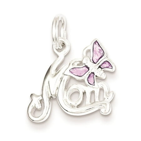 Sterling Silver Polished Mom Butterfly Enameled Solid Charm Pendant 20mmx15mm