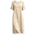 thumbnail image 7 of Vivianyo HD Women's V-Neck Fringe Trim Maxi Dress, Short Ruffle Fringe Sleeve Solid Linen Blend Loose Casual Summer Dresses for Women Vacation, Women's Beige, Sizes S-2XL, 7 of 7