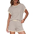 thumbnail image 2 of VBVC Women's Striped Crew Neck 2 Piece Set,Dolman Top and Elastic Waist Shorts For Women, Ladies' Soft Summer Loungewear With Pockets,Khaki,S-2XL, 2 of 10
