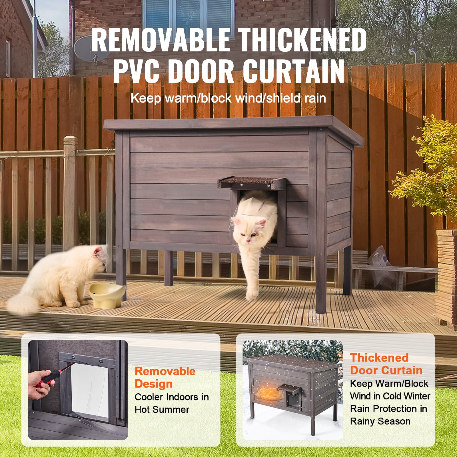 KFFKFF Weatherproof Outdoor Cat Shelter, Wooden Insulated House for Cats and Rabbit, 34x22x27in