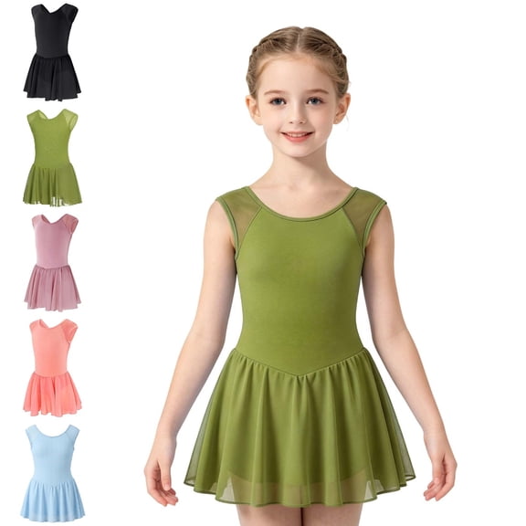 Bmisegm Dance Leotard for Girls Sleeveless Round Neck Leotard with Attached Flowy Skirt Ballet Practice Girls Dresses 9-10 Years