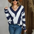 thumbnail image 2 of Lovskoo 2024 Sweaters for Women Winter Casual Striped Color Blocking V-Neck Long Sleeve Pullover Knitted Sweater Top Blouse Sweater Blue, 2 of 7