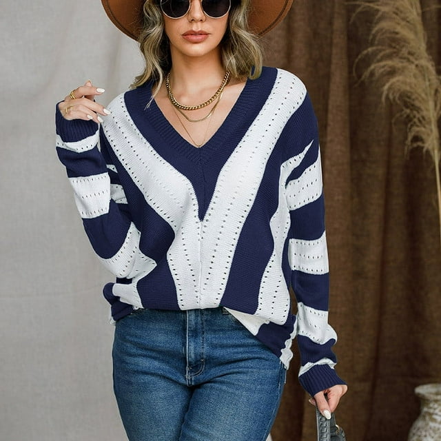SUWHWEA Chandails pour Femmes Chandail d'Hiver Décontracté à Rayures Color Block Col en V Manches Longues Chandail Tricoté Haut Blouse