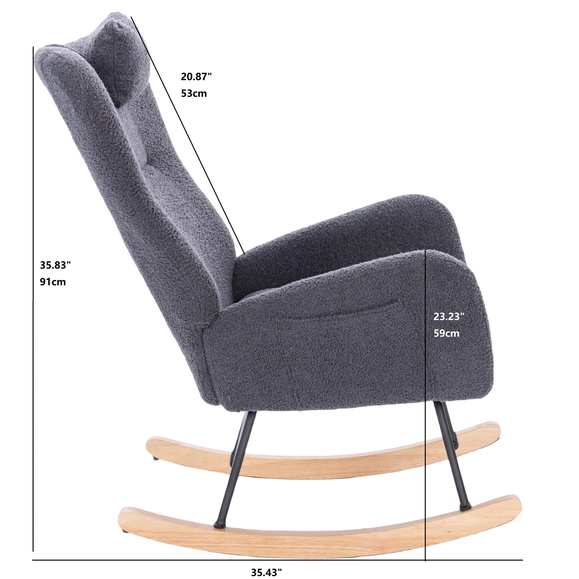 Teddy Upholstered Nursery Rocking Chair, High Back Soft Fabric Rocker for Breastfeeding, Living Room, Bedroom, Grey