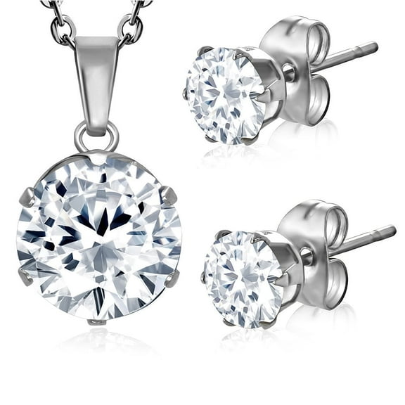 Stainless Steel Solitaire White CZ Pendant Necklace Stud Earrings Set