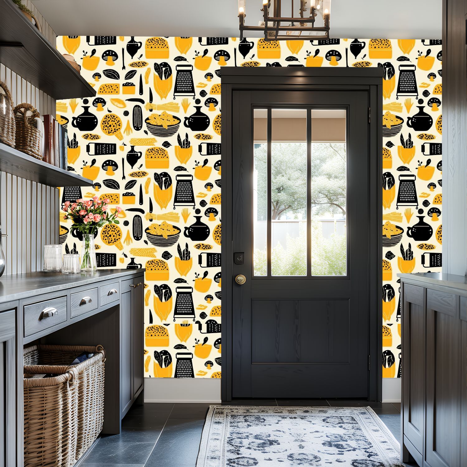 Modern Peel and Stick Wallpaper 17.7in x 9.8ft Abstract Food Mushrooms Vegetables Yellow Black Contact Paper Self-Adhesive Removable Wall Paper for Bedroom Kitchen Cabinet Renter Friendly