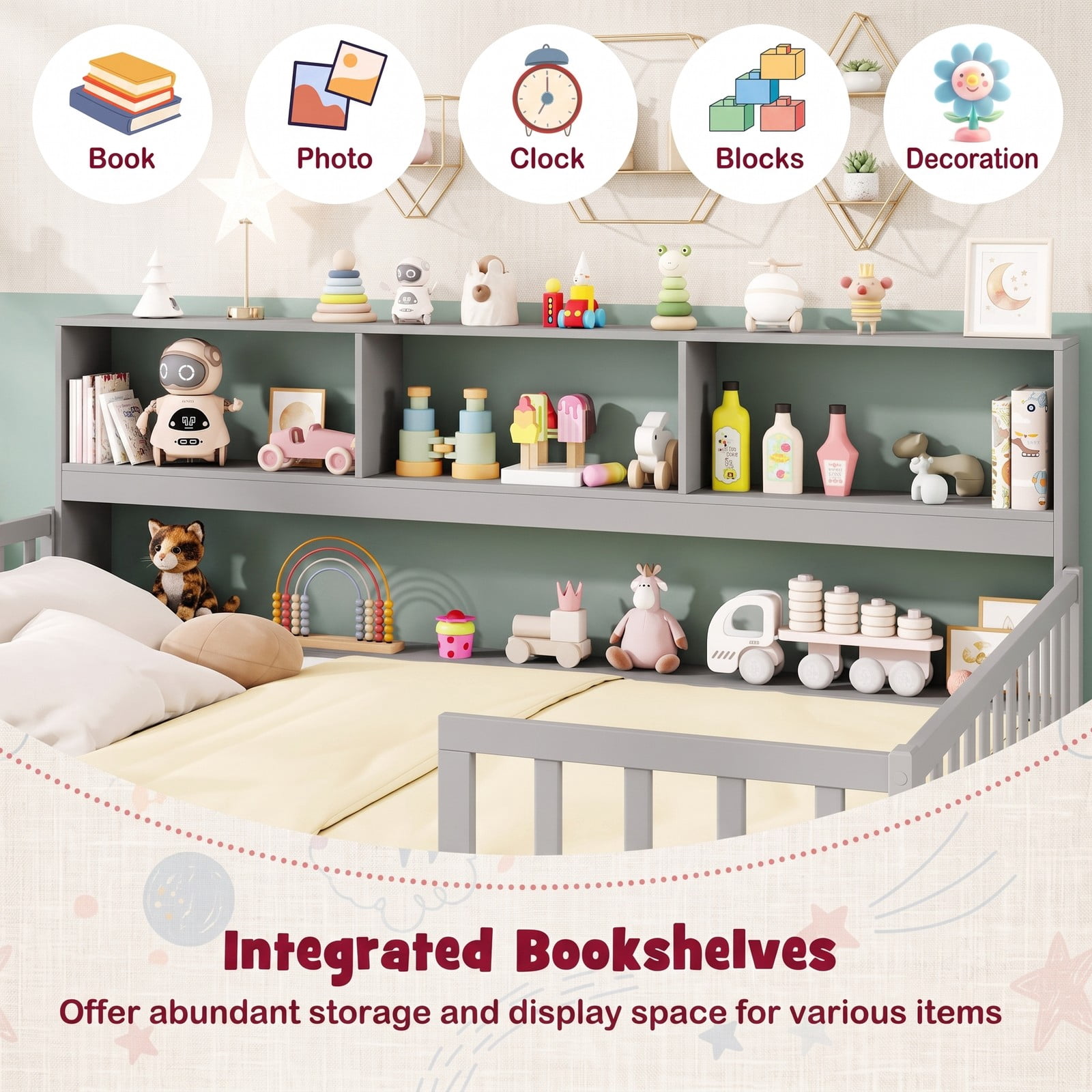 Furnibear Full Size Bed Frame Montessori Floor Bed with Bookcase Headboard and Full Length Fence Rails for Kids Bedroom, Gray