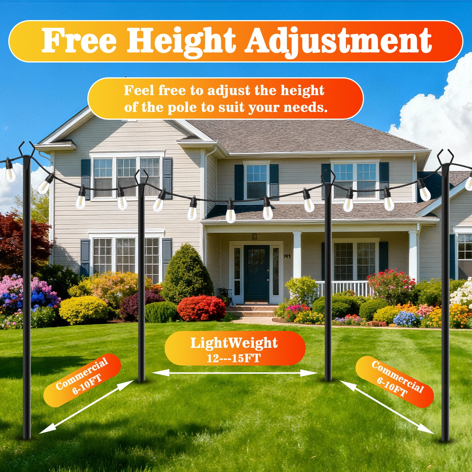10Pack String Light Poles ,10FT Light Poles for Outside Lights,Outdoor with Fence Brackets Hanging Lights,Metal Stand Deck Patio Backyard